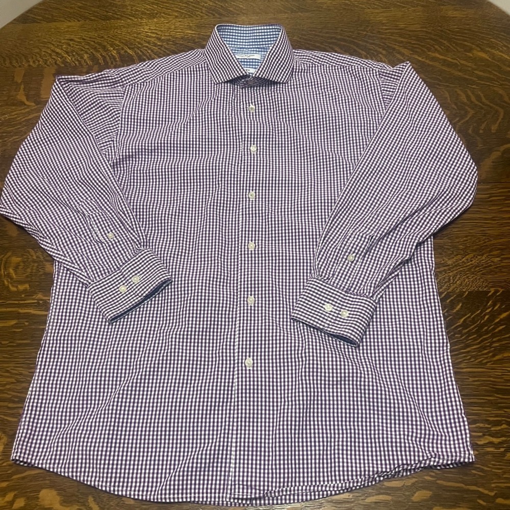 Isaac Mizrahi Dress Shirt Mens 16.5 32/33 Purple Gingham Slim Fit Cotton